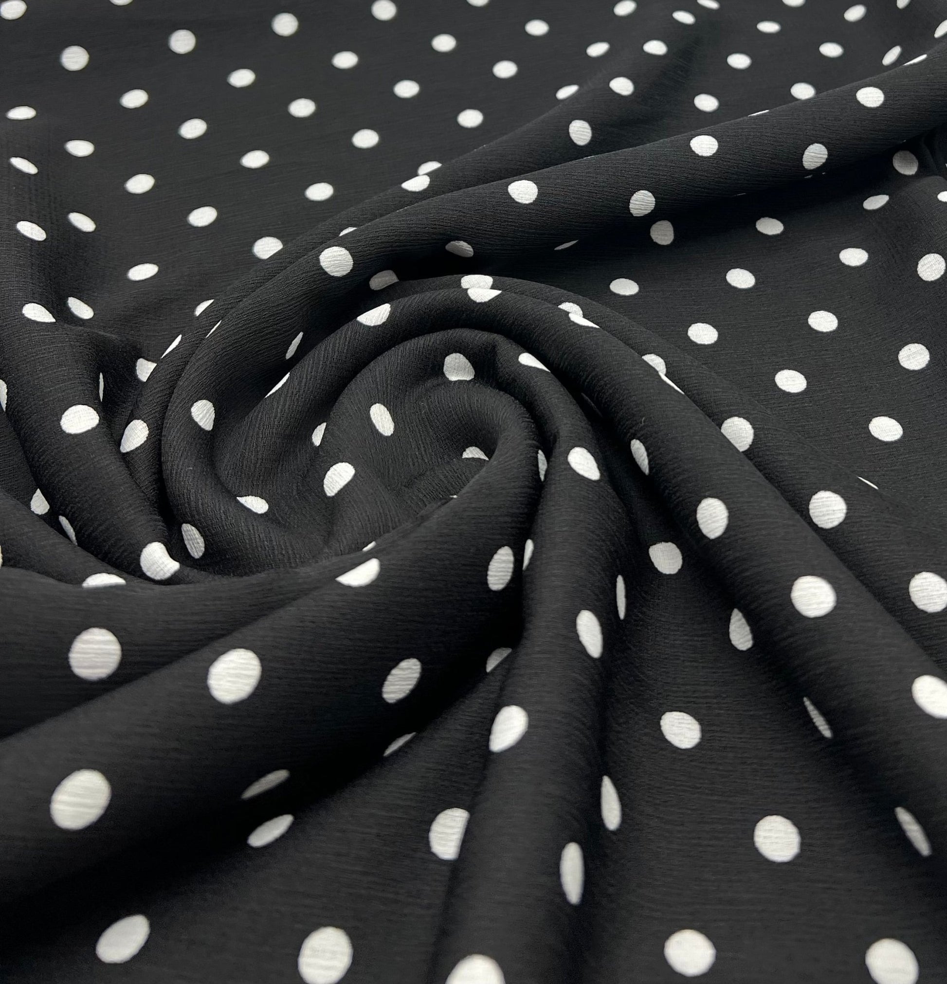 Black White Polka Spot Lightweight Crepe Non Stretch Fabric - T9 Fabrics