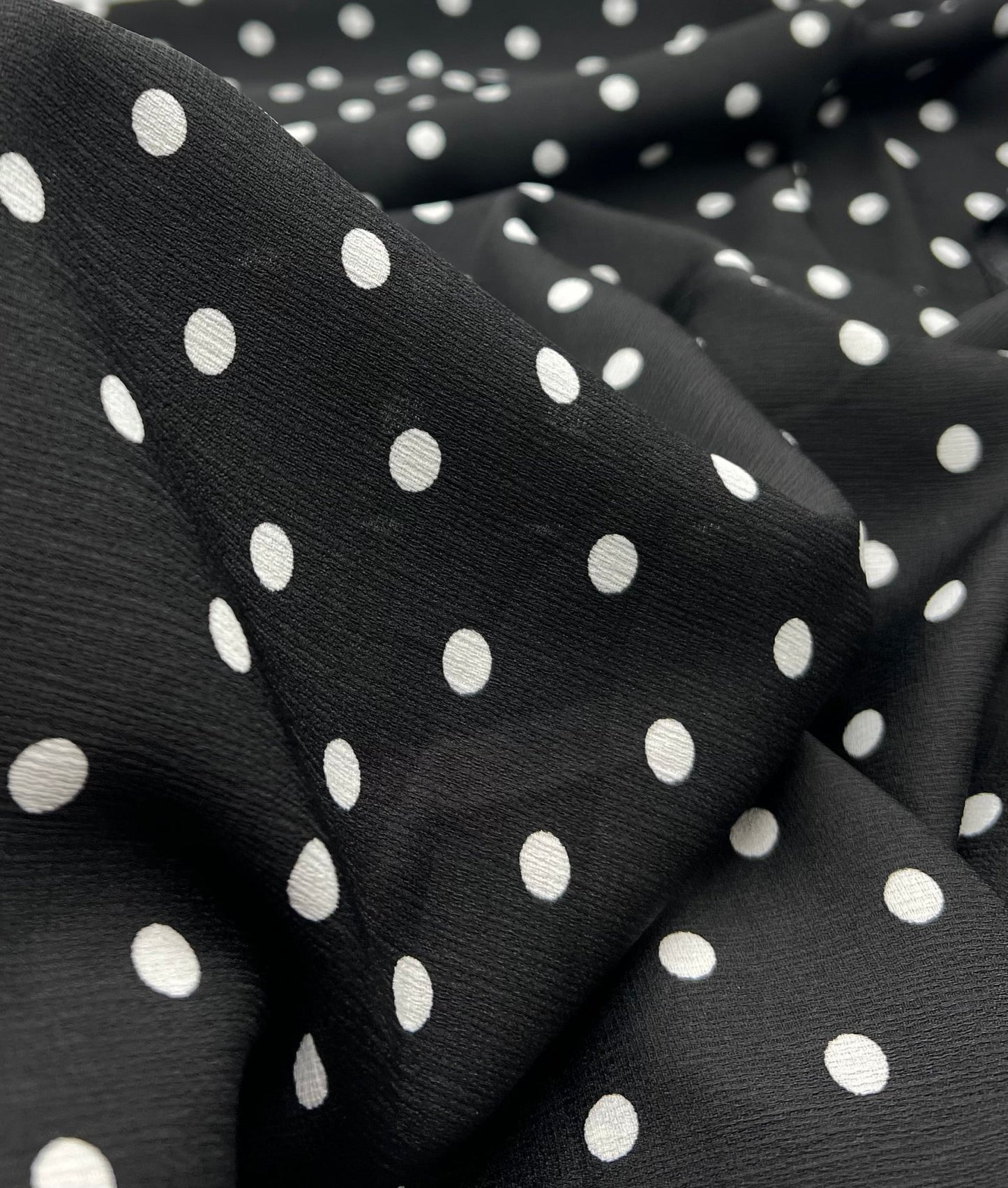 Black White Polka Spot Lightweight Crepe Non Stretch Fabric - T9 Fabrics