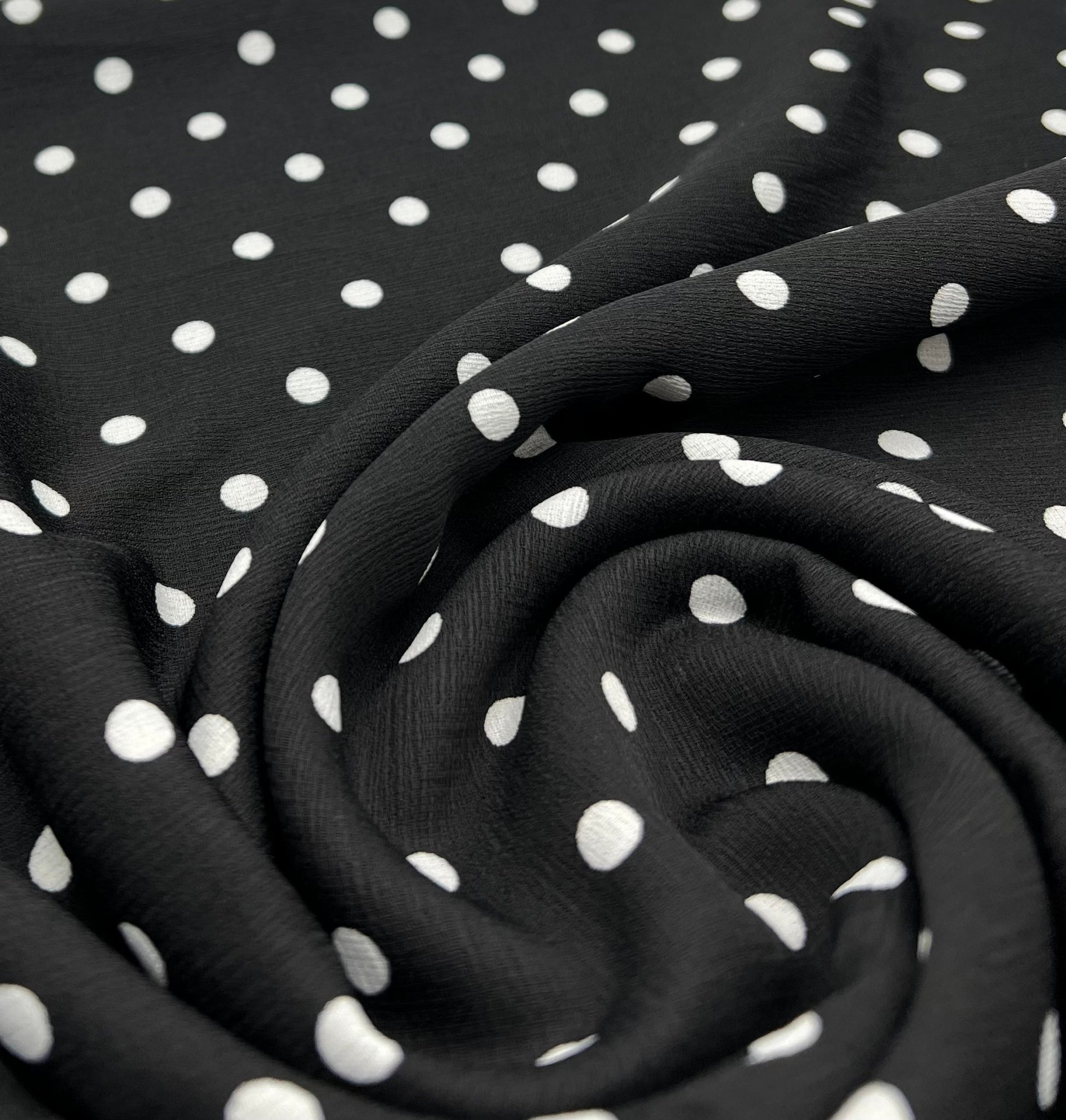 Black White Polka Spot Lightweight Crepe Non Stretch Fabric - T9 Fabrics