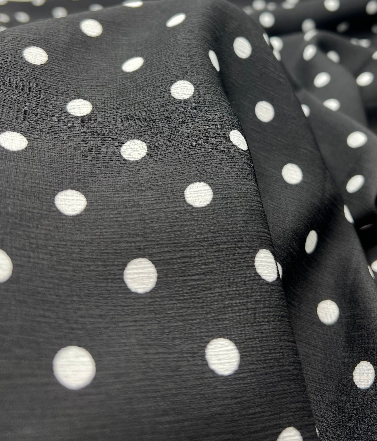 Black White Polka Spot Lightweight Crepe Non Stretch Fabric - T9 Fabrics