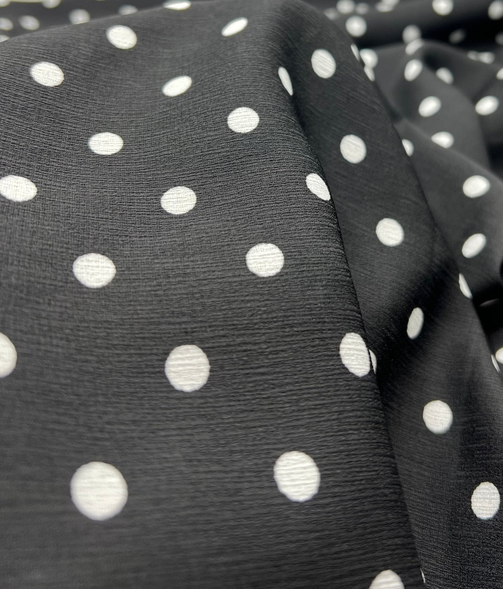 Black White Polka Spot Lightweight Crepe Non Stretch Fabric - T9 Fabrics