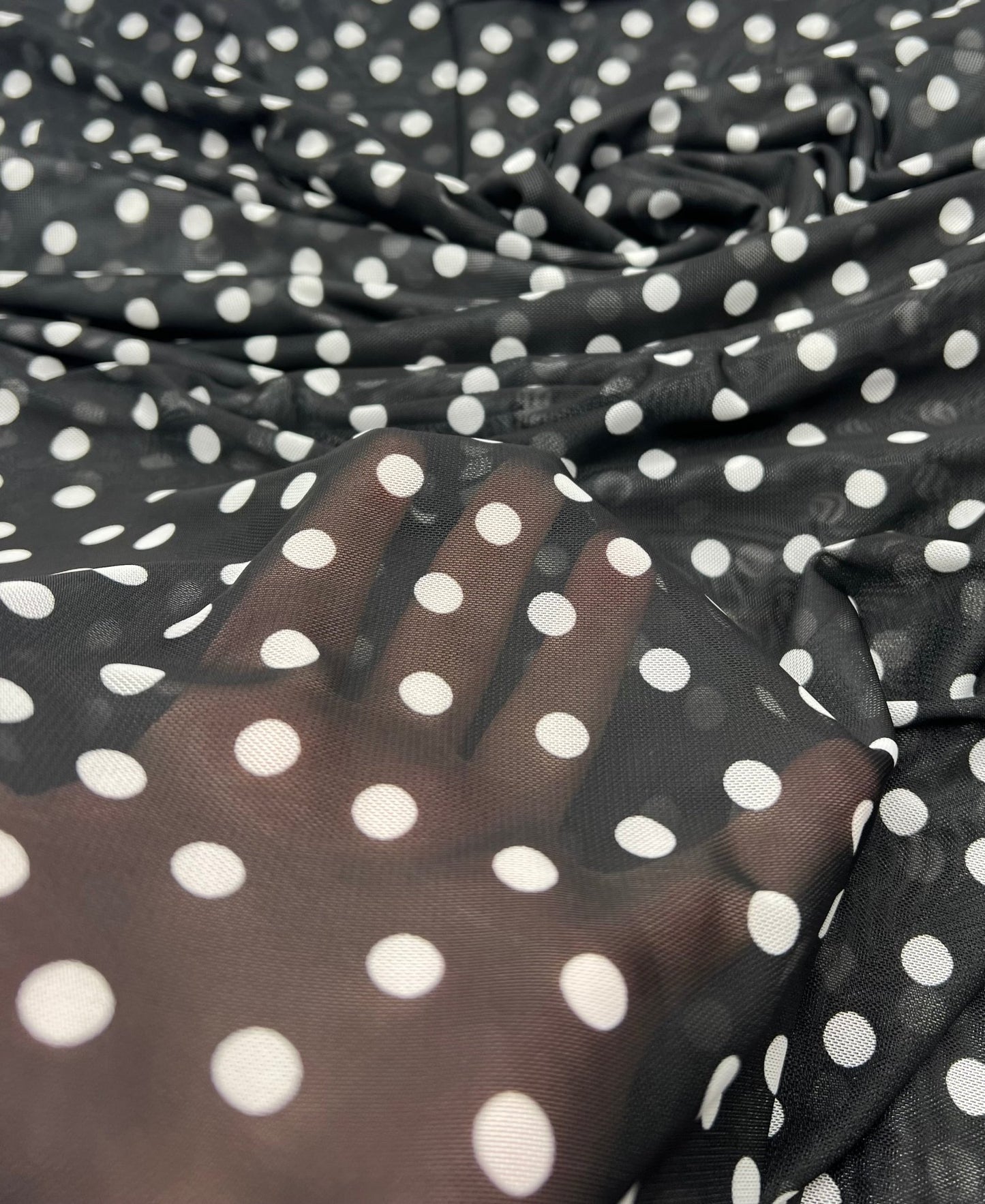 Black White Polka Spot Mesh Fabric Stretch - T9 Fabrics