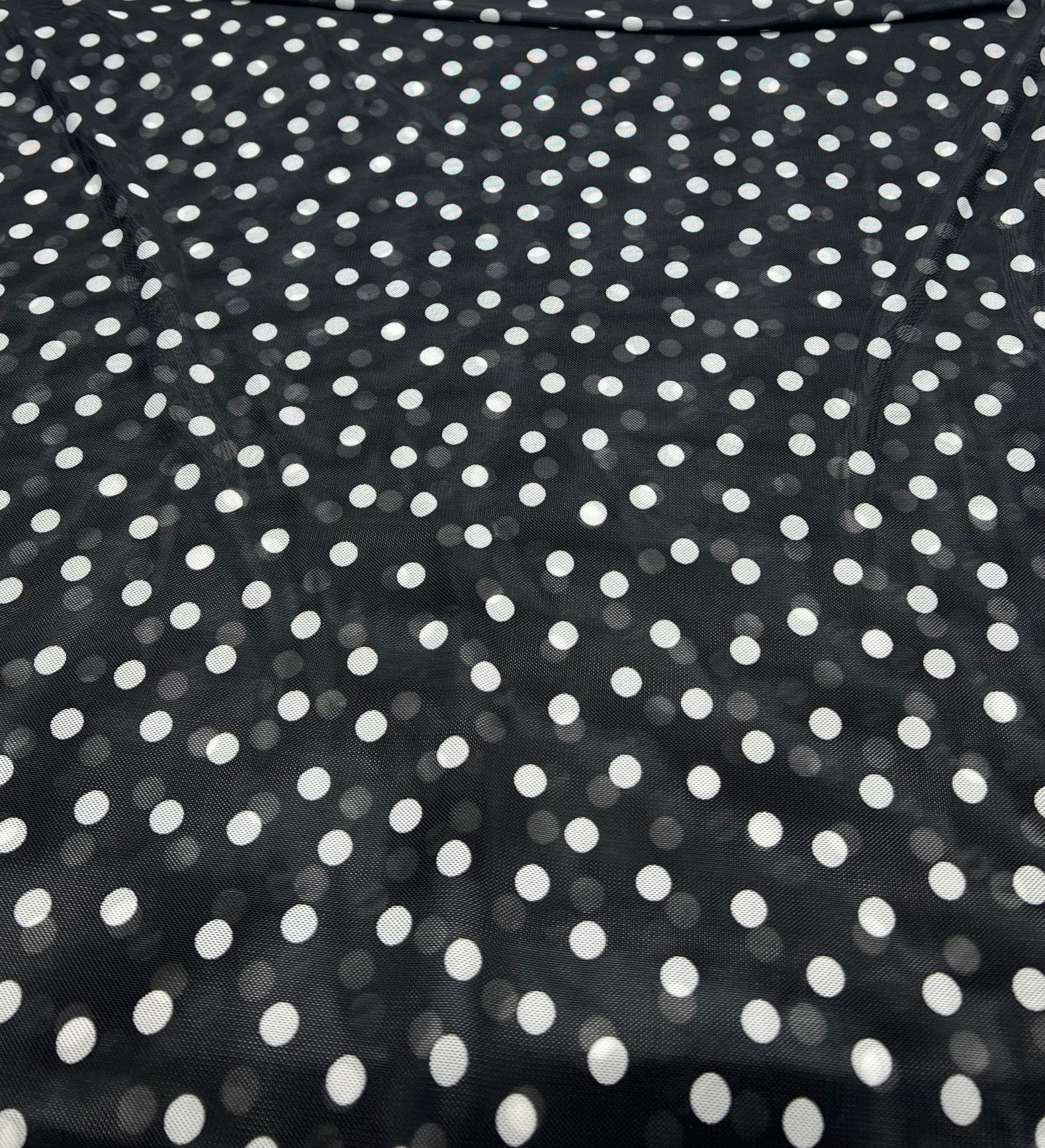 Black White Polka Spot Mesh Fabric Stretch - T9 Fabrics