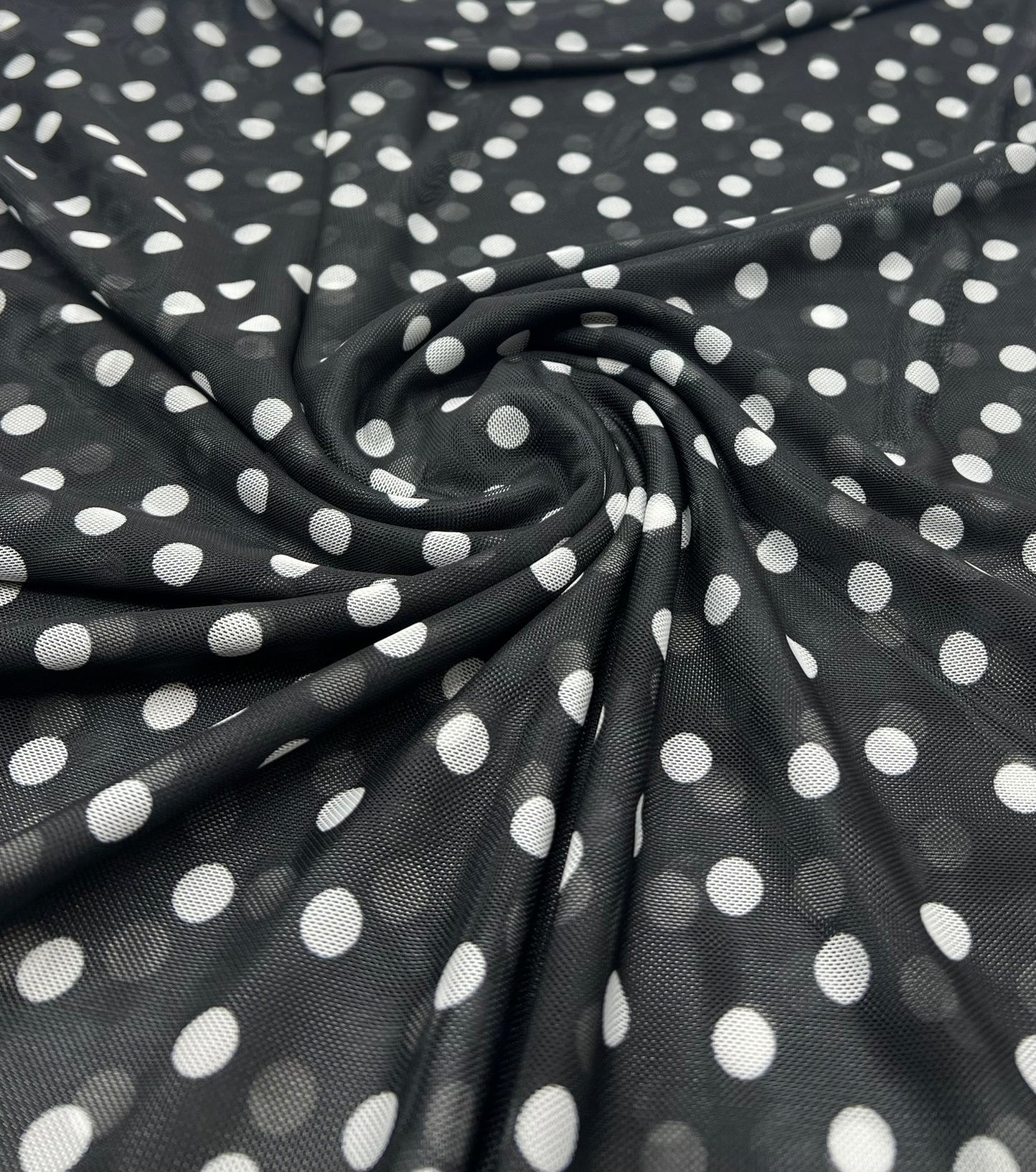 Black White Polka Spot Mesh Fabric Stretch - T9 Fabrics