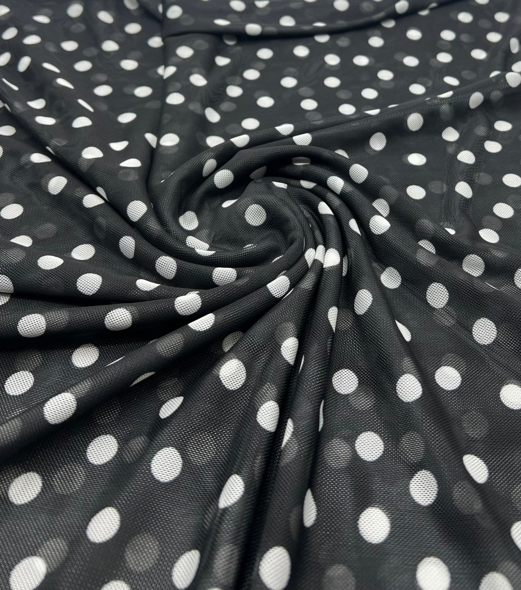 Black White Polka Spot Mesh Fabric Stretch - T9 Fabrics