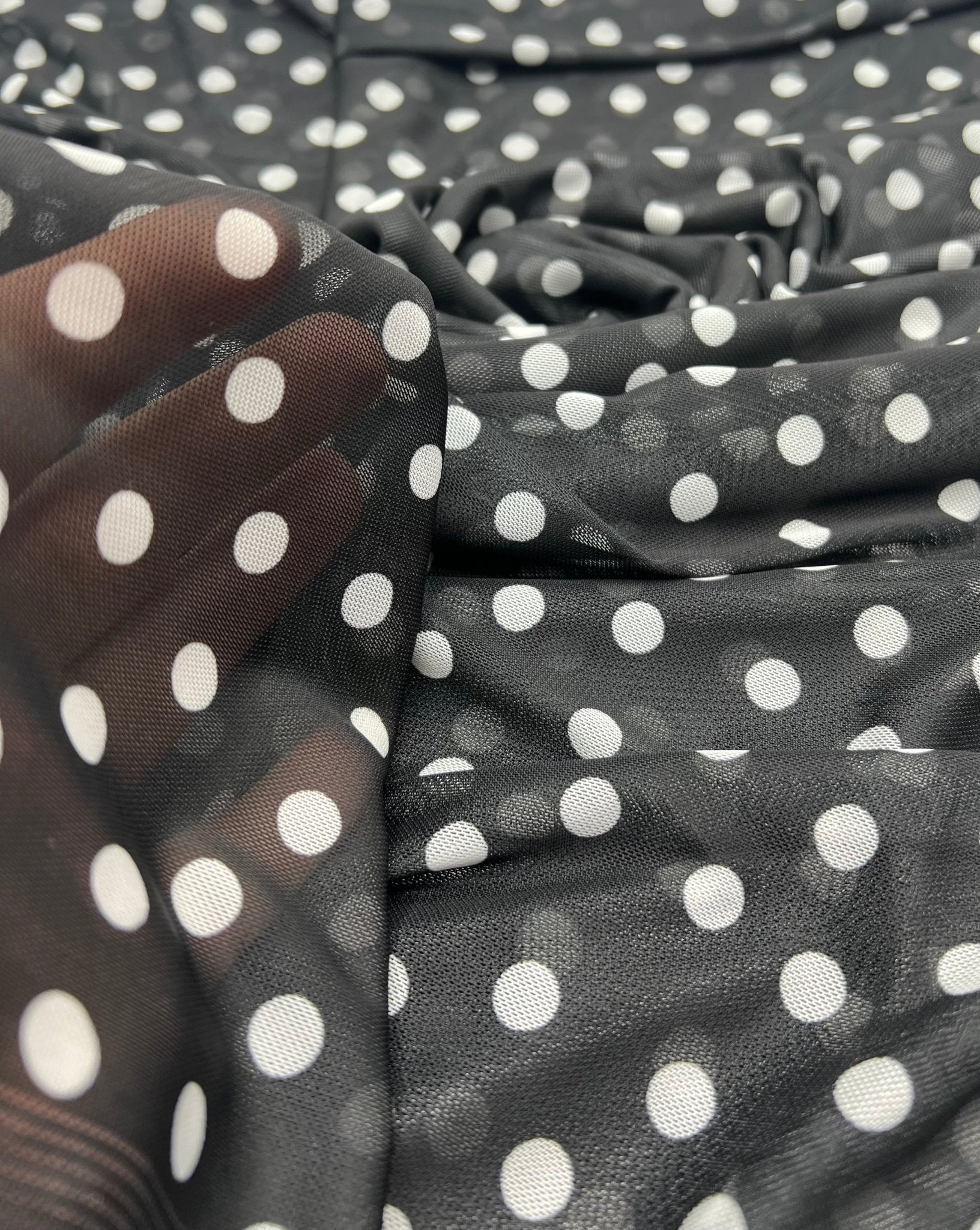 Black White Polka Spot Mesh Fabric Stretch - T9 Fabrics