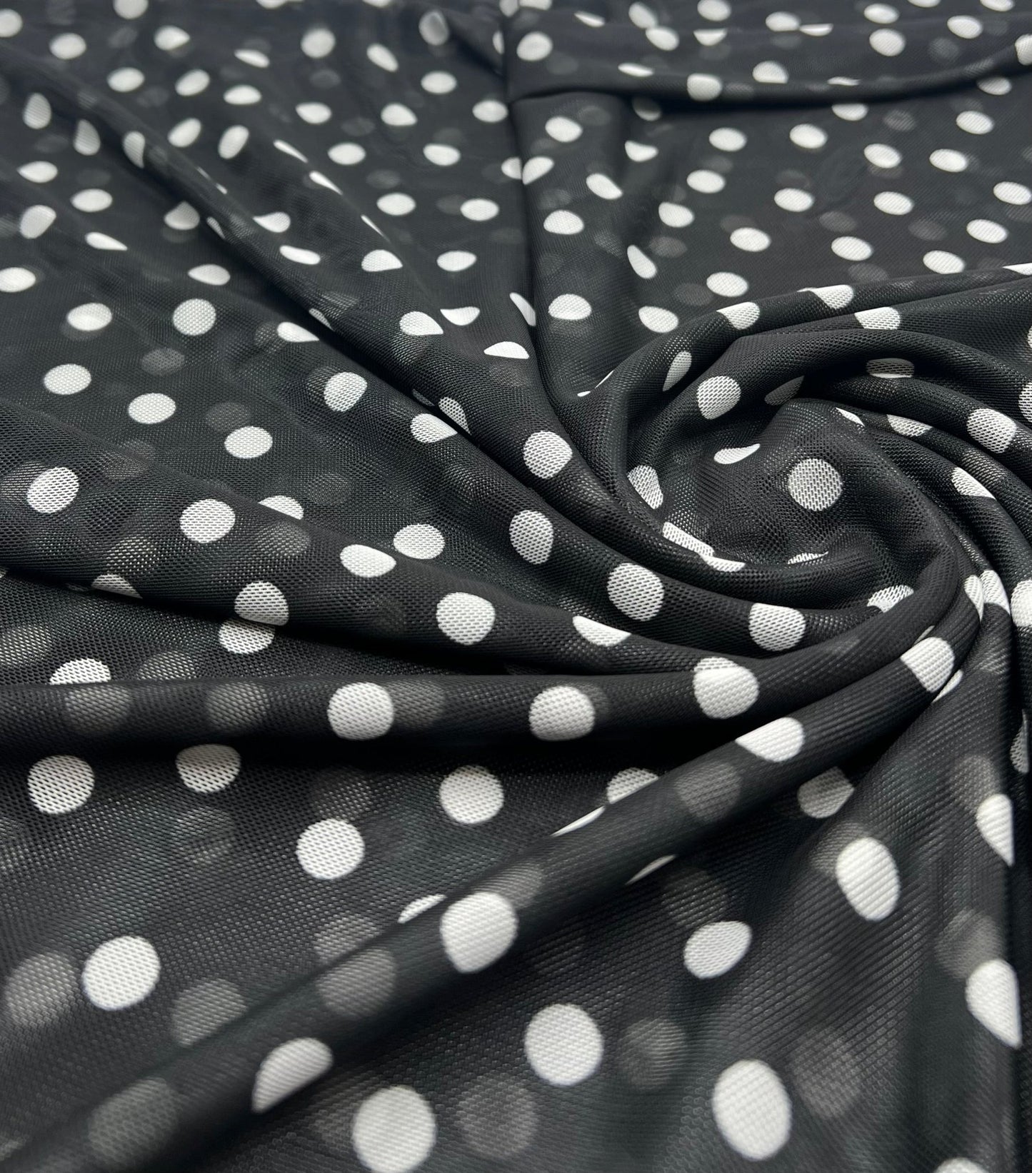 Black White Polka Spot Mesh Fabric Stretch - T9 Fabrics