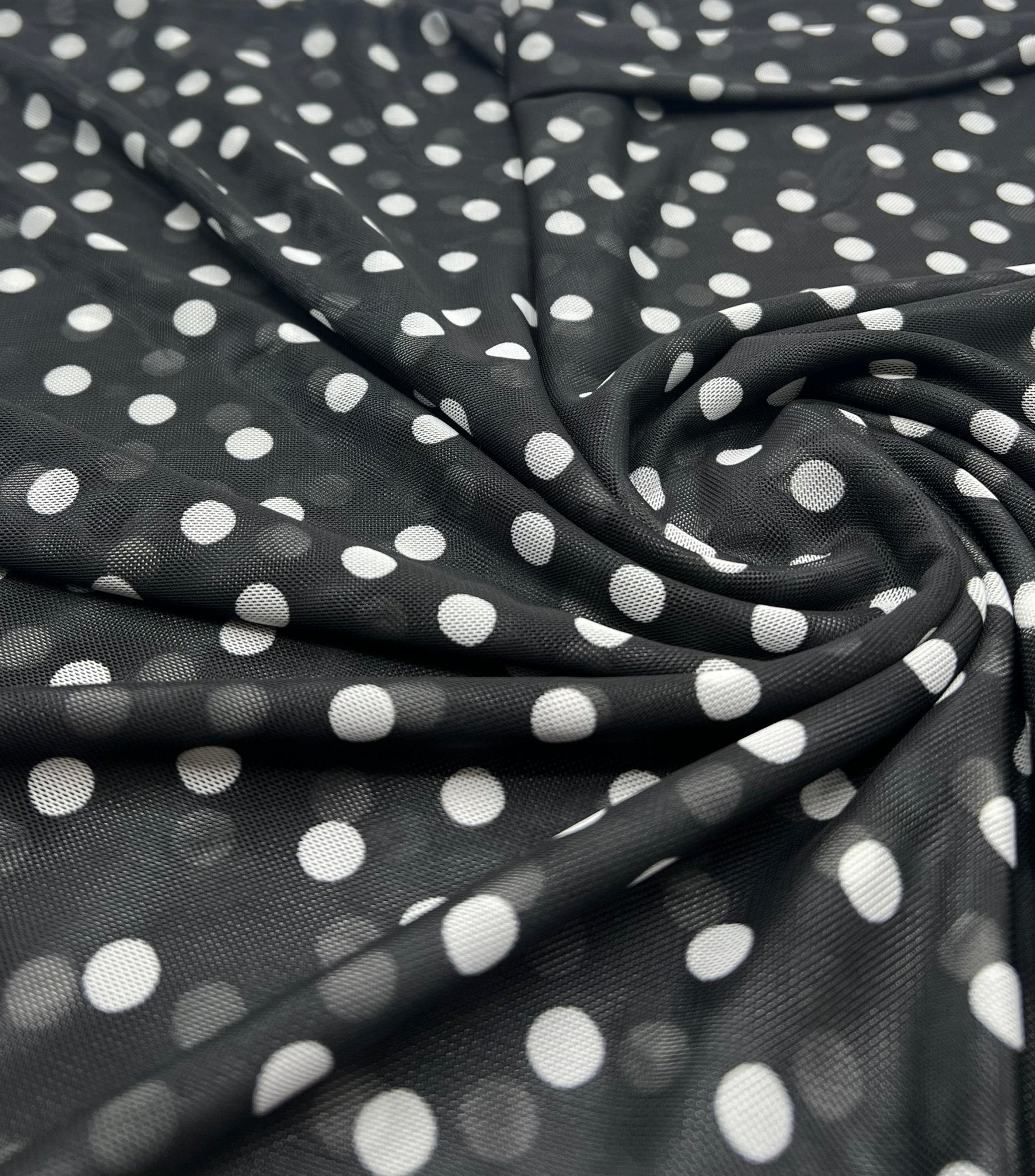 Black White Polka Spot Mesh Fabric Stretch - T9 Fabrics