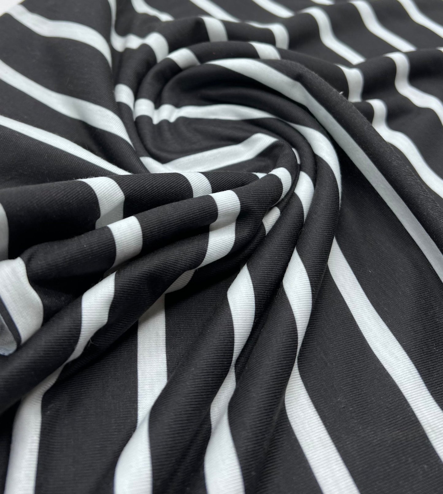 Black White Stripe Print Spun Poly Stretch Fabric - T9 Fabrics