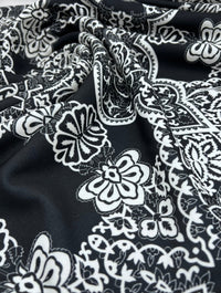 Black White Swirl Paisley Printed Scuba Crepe Jersey Fabric 4 Way Stretch - T9 Fabrics