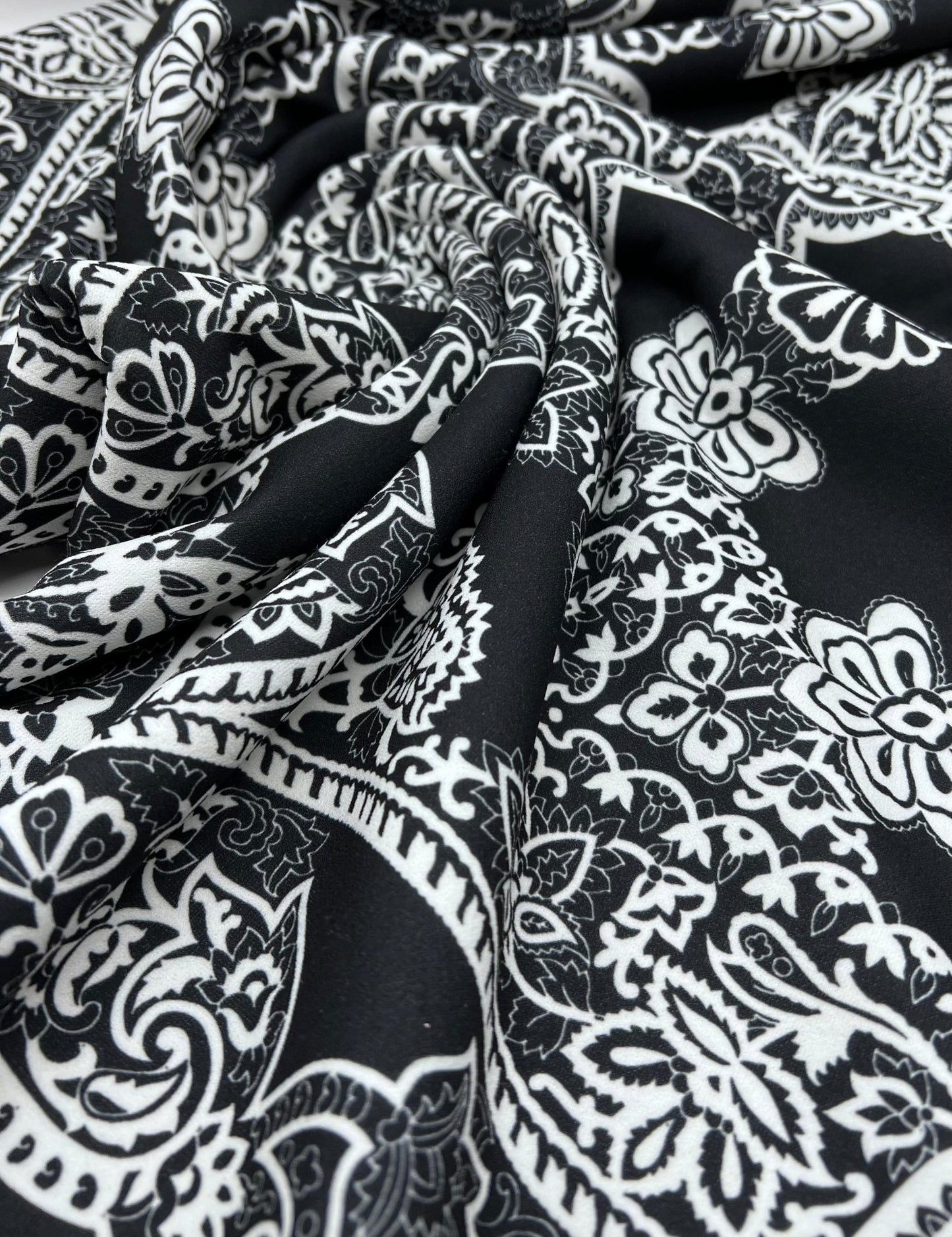 Black White Swirl Paisley Printed Scuba Crepe Jersey Fabric 4 Way Stretch - T9 Fabrics