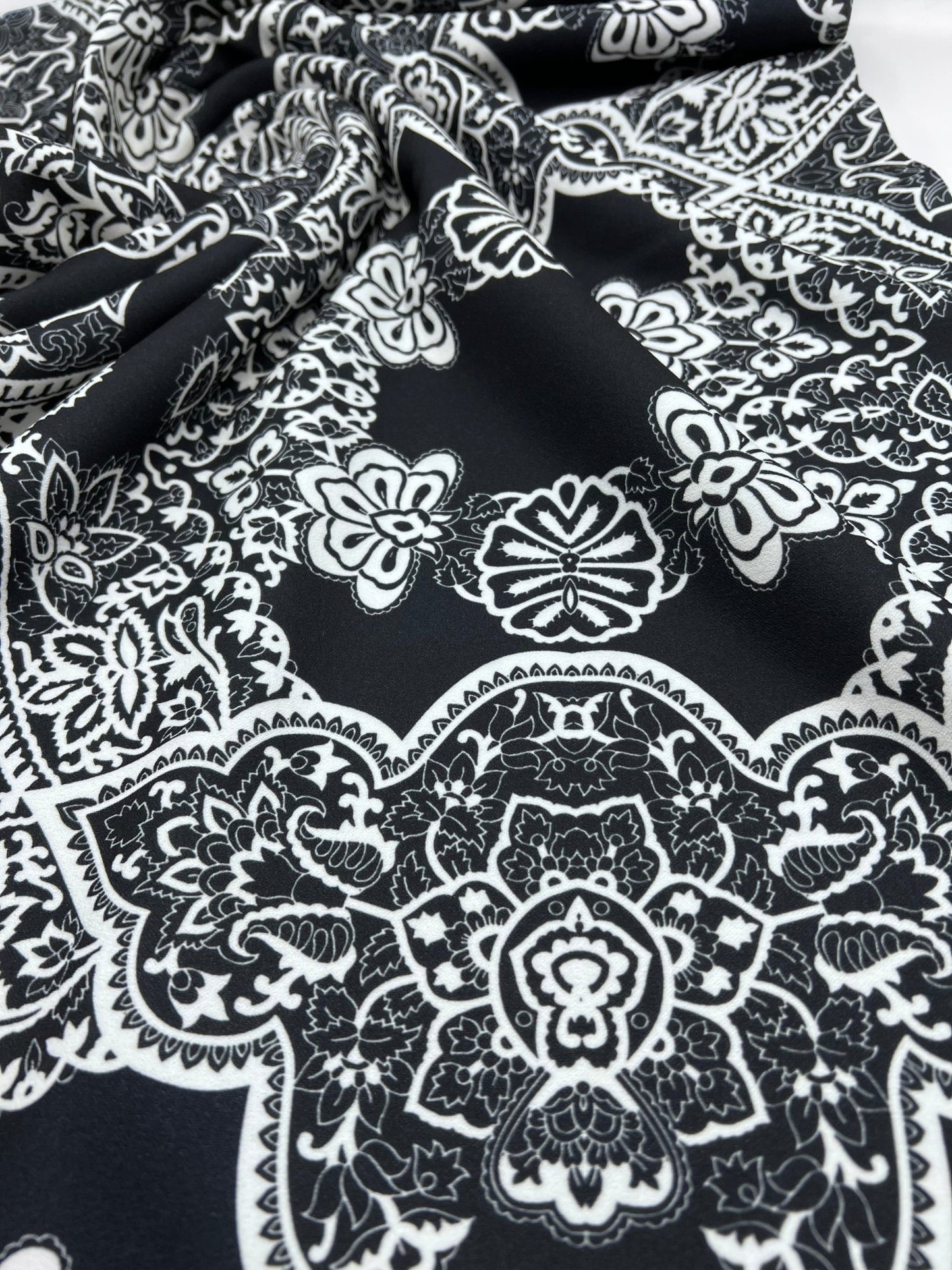 Black White Swirl Paisley Printed Scuba Crepe Jersey Fabric 4 Way Stretch - T9 Fabrics