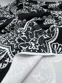 Black White Swirl Paisley Printed Scuba Crepe Jersey Fabric 4 Way Stretch - T9 Fabrics