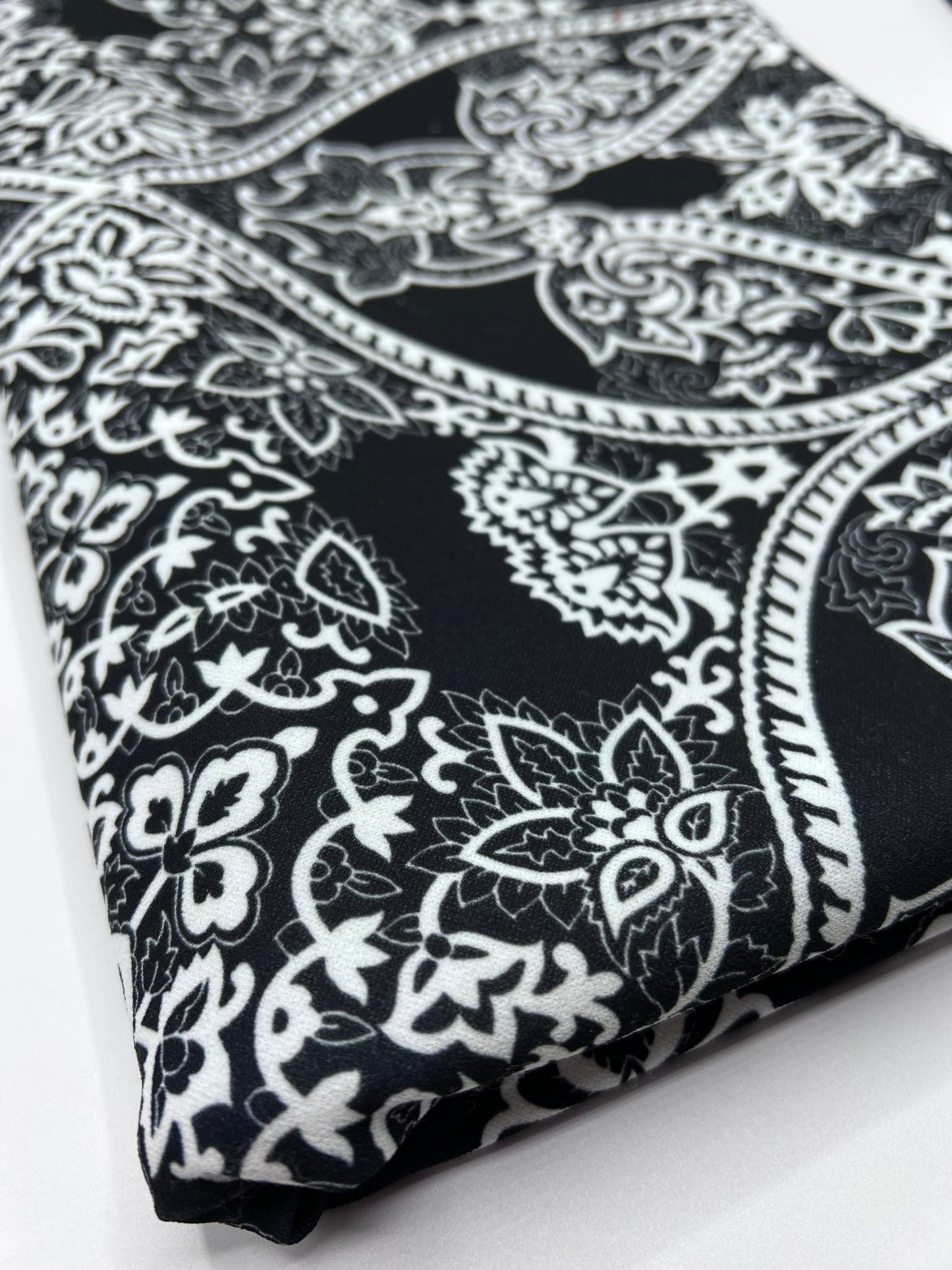 Black White Swirl Paisley Printed Scuba Crepe Jersey Fabric 4 Way Stretch - T9 Fabrics