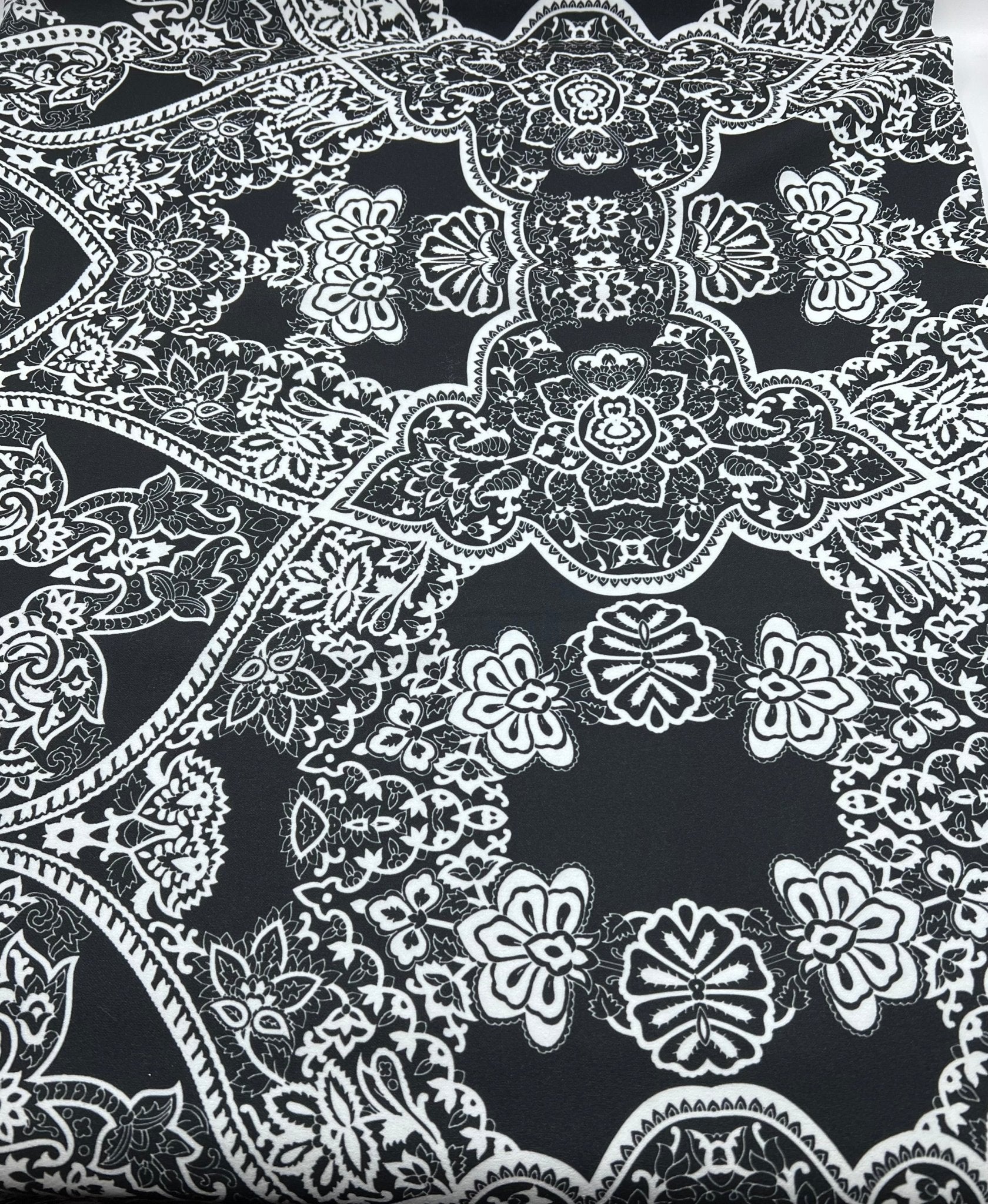 Black White Swirl Paisley Printed Scuba Crepe Jersey Fabric 4 Way Stretch - T9 Fabrics