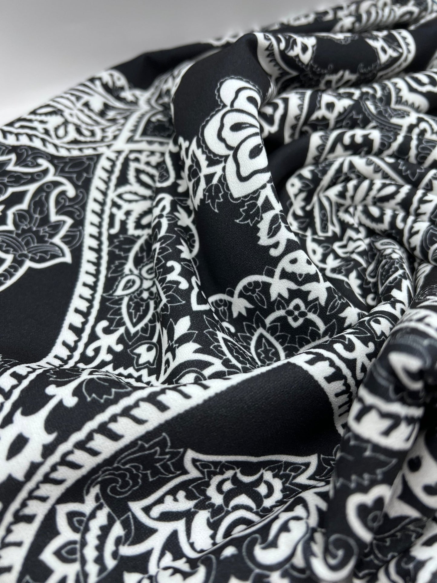 Black White Swirl Paisley Printed Scuba Crepe Jersey Fabric 4 Way Stretch - T9 Fabrics