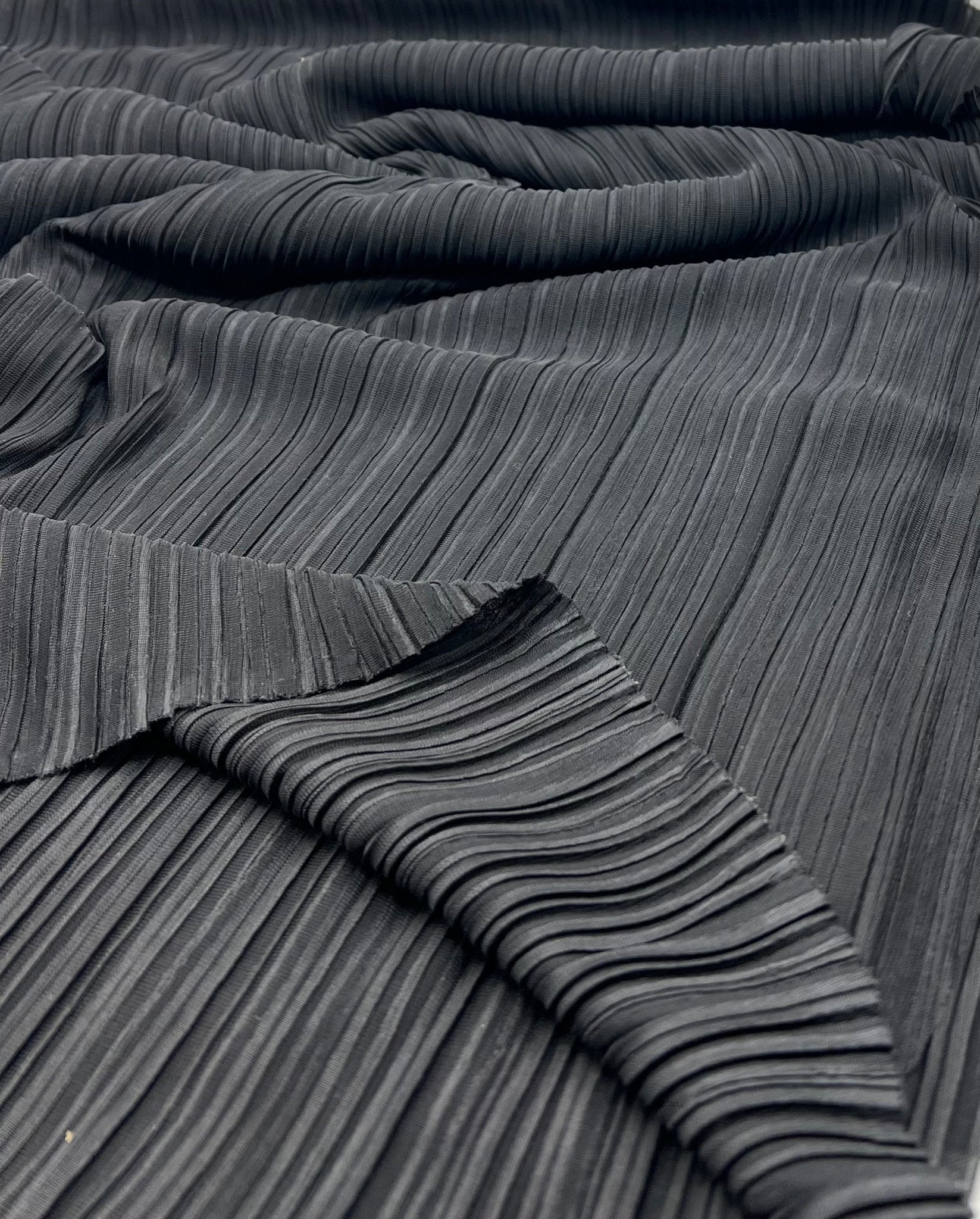 Black Wide Pleated Plisse Stretch Fabric - T9 Fabrics