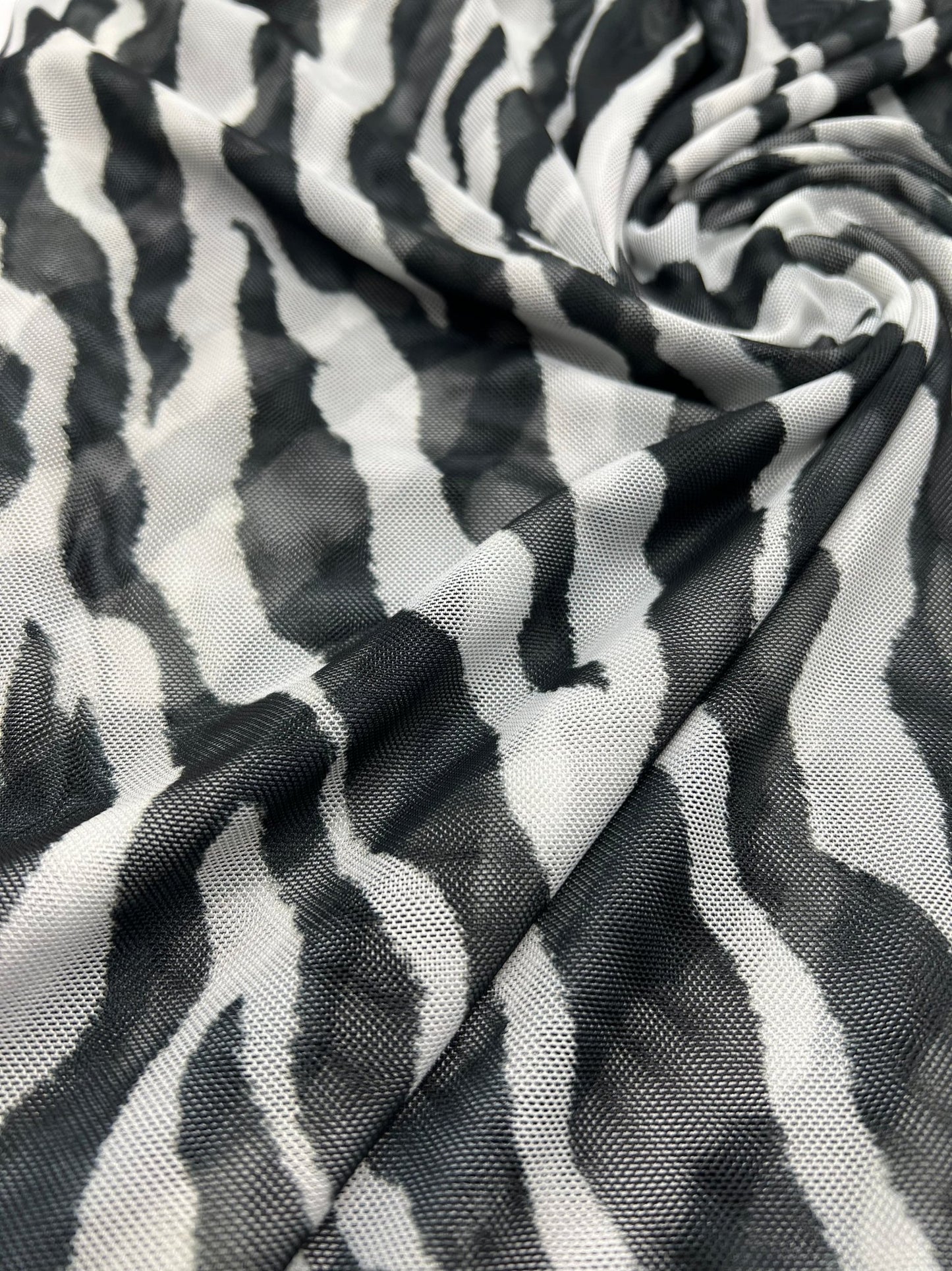 Black Zebra Print Mesh Fabric 2 Way Stretch - T9 Fabrics