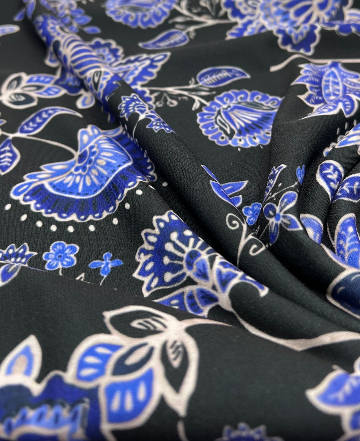 Blue Black Print Floral Print ITY Fabric 2 Way Stretch - T9 Fabrics
