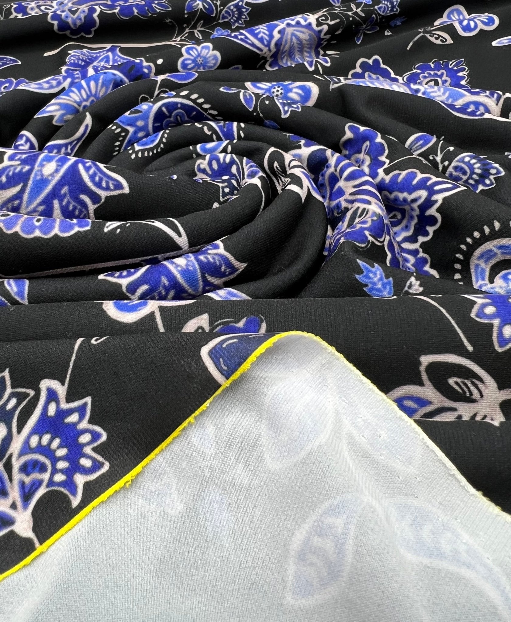 Blue Black Print Floral Print ITY Fabric 2 Way Stretch - T9 Fabrics