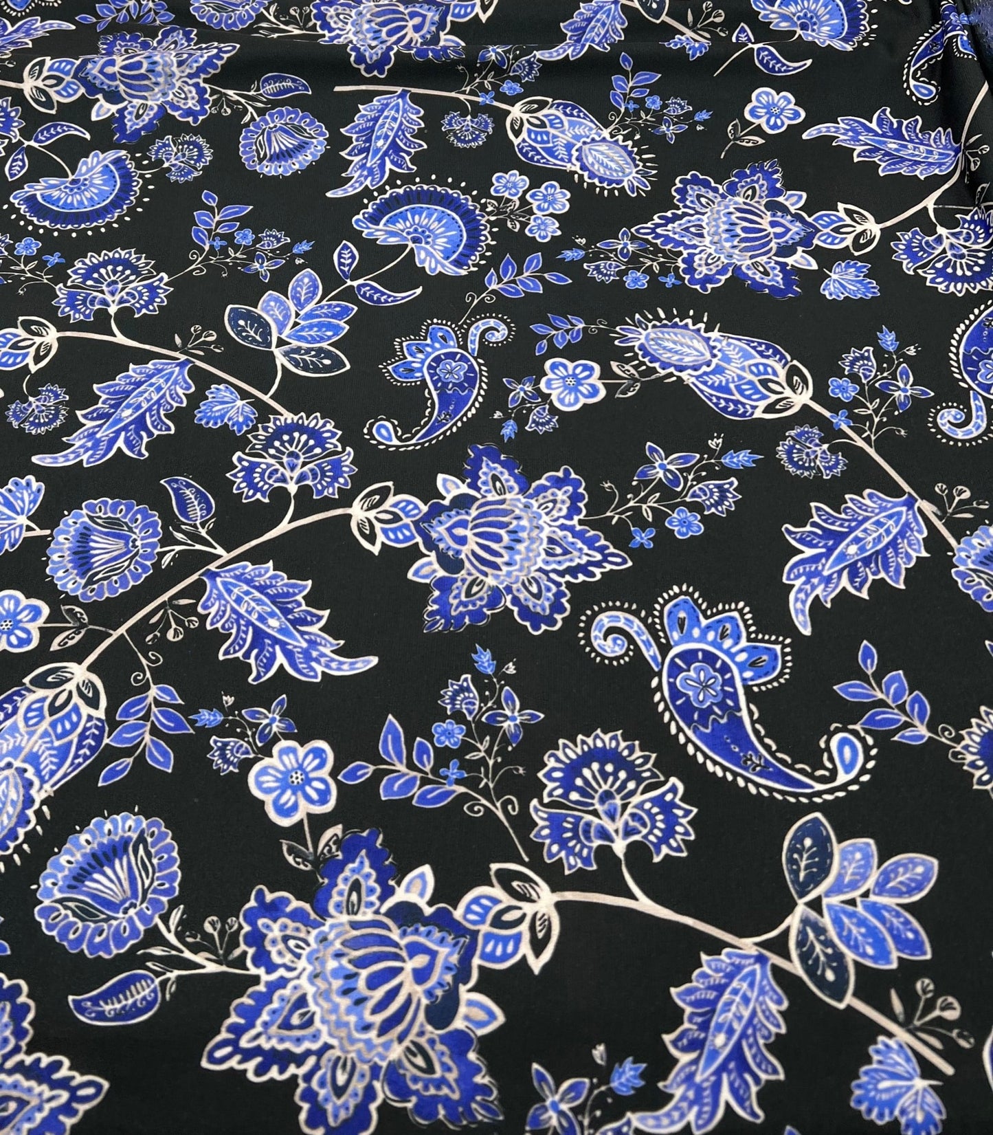 Blue Black Print Floral Print ITY Fabric 2 Way Stretch - T9 Fabrics