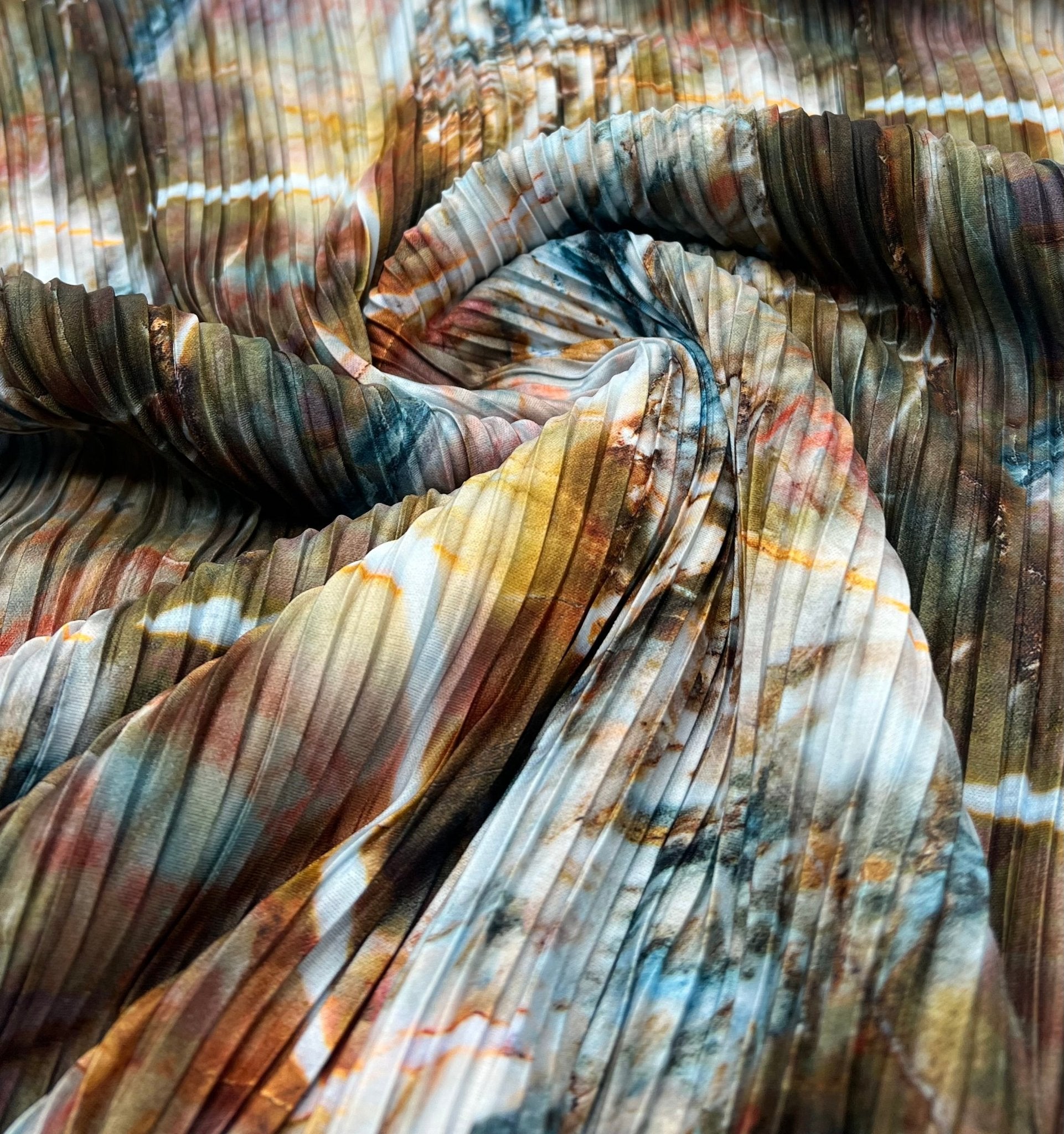 Blue Brown Mix Printed Plisse Pleated Stretch Fabric - T9 Fabrics