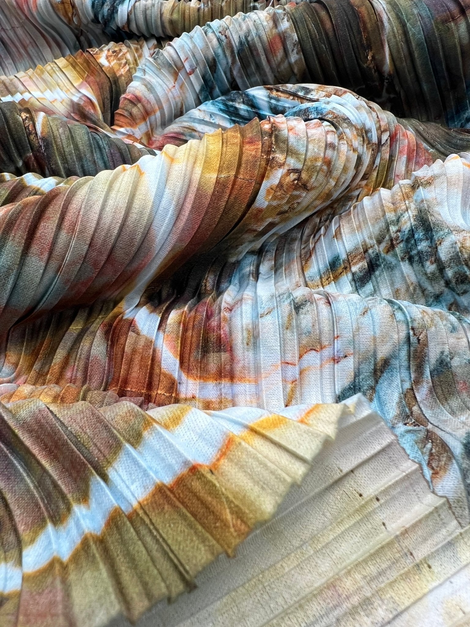Blue Brown Mix Printed Plisse Pleated Stretch Fabric - T9 Fabrics