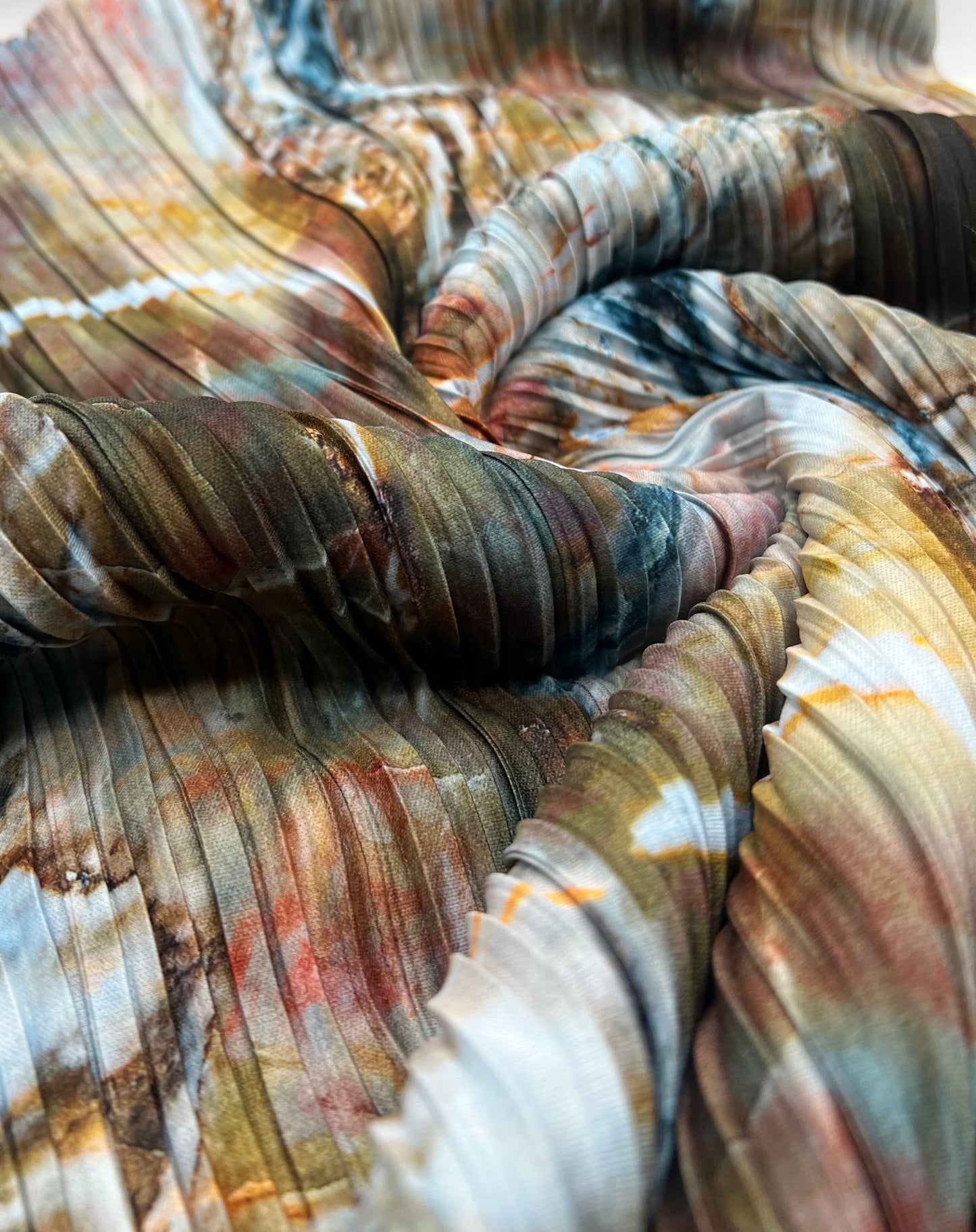 Blue Brown Mix Printed Plisse Pleated Stretch Fabric - T9 Fabrics