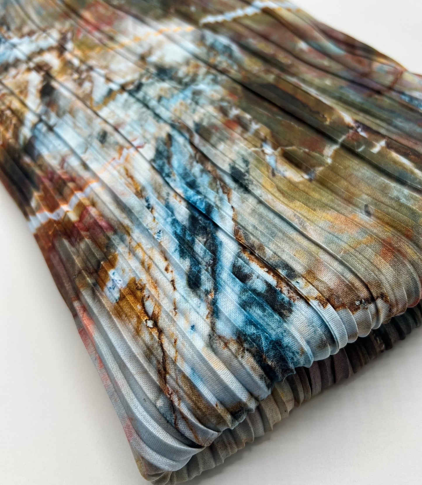 Blue Brown Mix Printed Plisse Pleated Stretch Fabric - T9 Fabrics