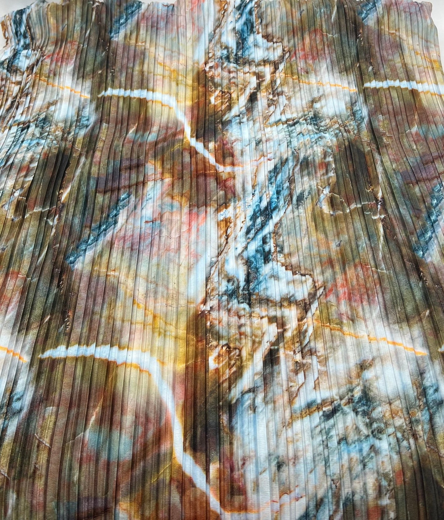 Blue Brown Mix Printed Plisse Pleated Stretch Fabric - T9 Fabrics