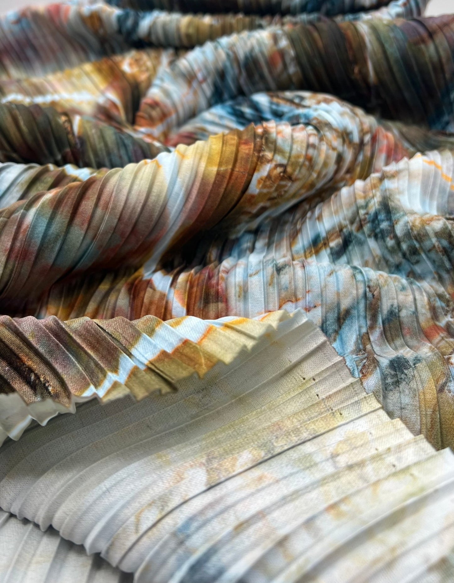 Blue Brown Mix Printed Plisse Pleated Stretch Fabric - T9 Fabrics