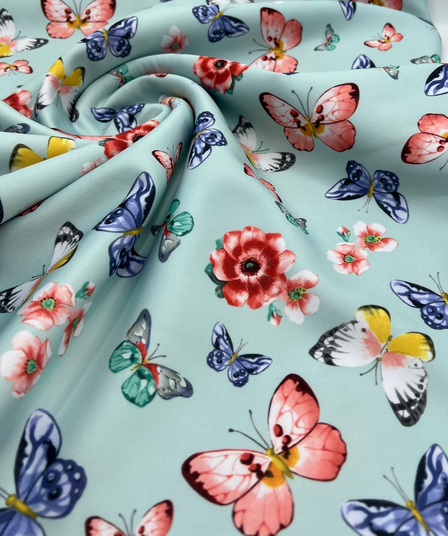 Blue Butterfly Print Plain Scuba Fabric - T9 Fabrics