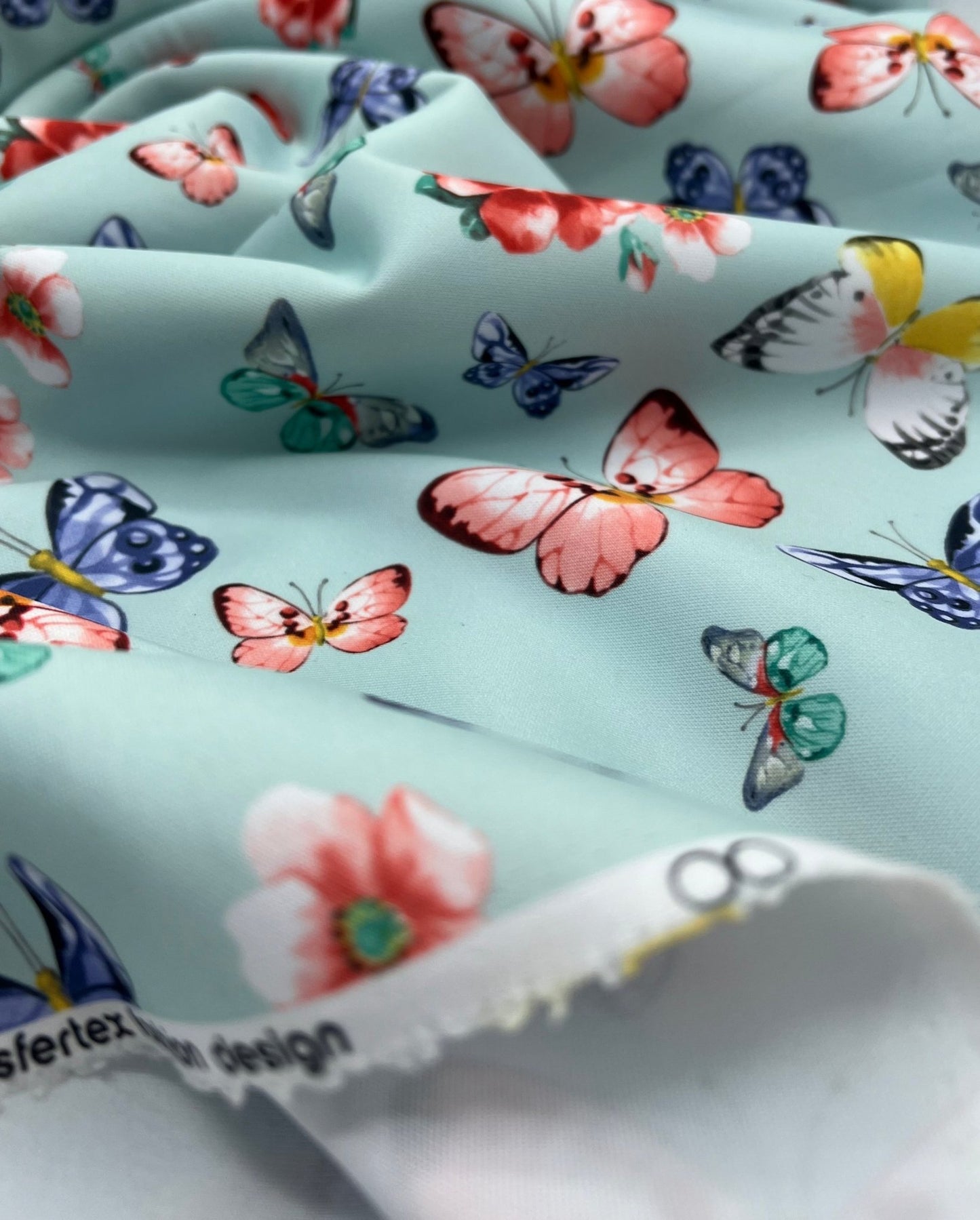 Blue Butterfly Print Plain Scuba Fabric - T9 Fabrics