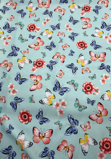 Blue Butterfly Print Plain Scuba Fabric - T9 Fabrics