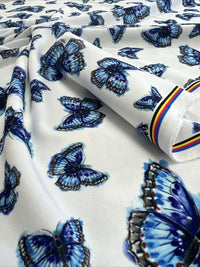 Blue Butterfly Printed Scuba Crepe Jersey Fabric 4 Way Stretch - T9 Fabrics