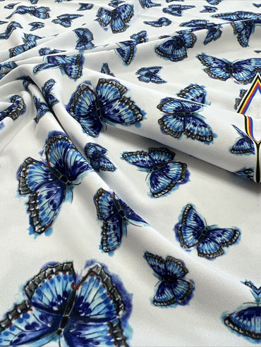 Blue Butterfly Printed Scuba Crepe Jersey Fabric 4 Way Stretch - T9 Fabrics