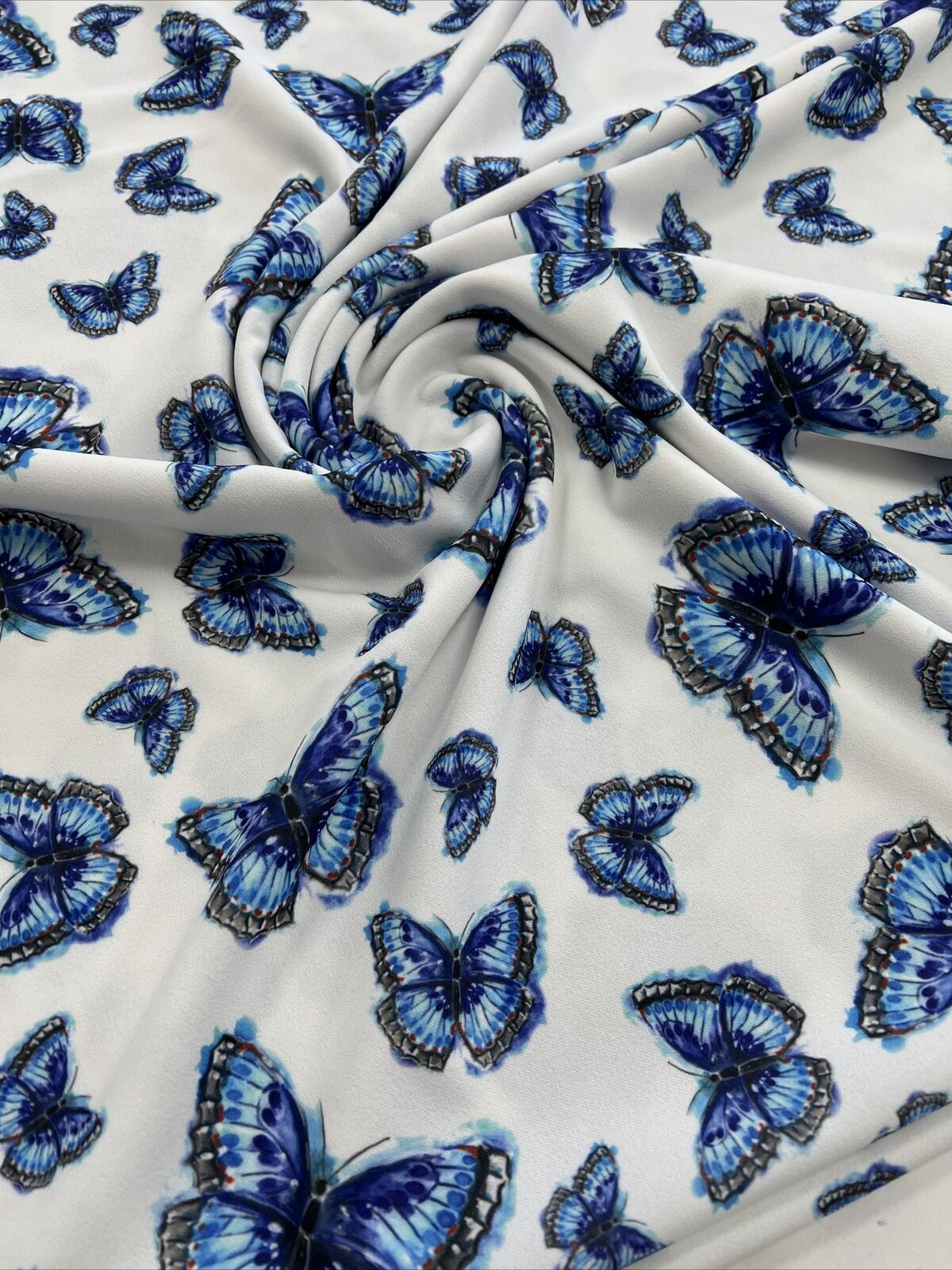 Blue Butterfly Printed Scuba Crepe Jersey Fabric 4 Way Stretch - T9 Fabrics