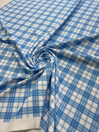 Blue Check Printed Scuba Crepe Jersey Fabric 4 Way Stretch - T9 Fabrics