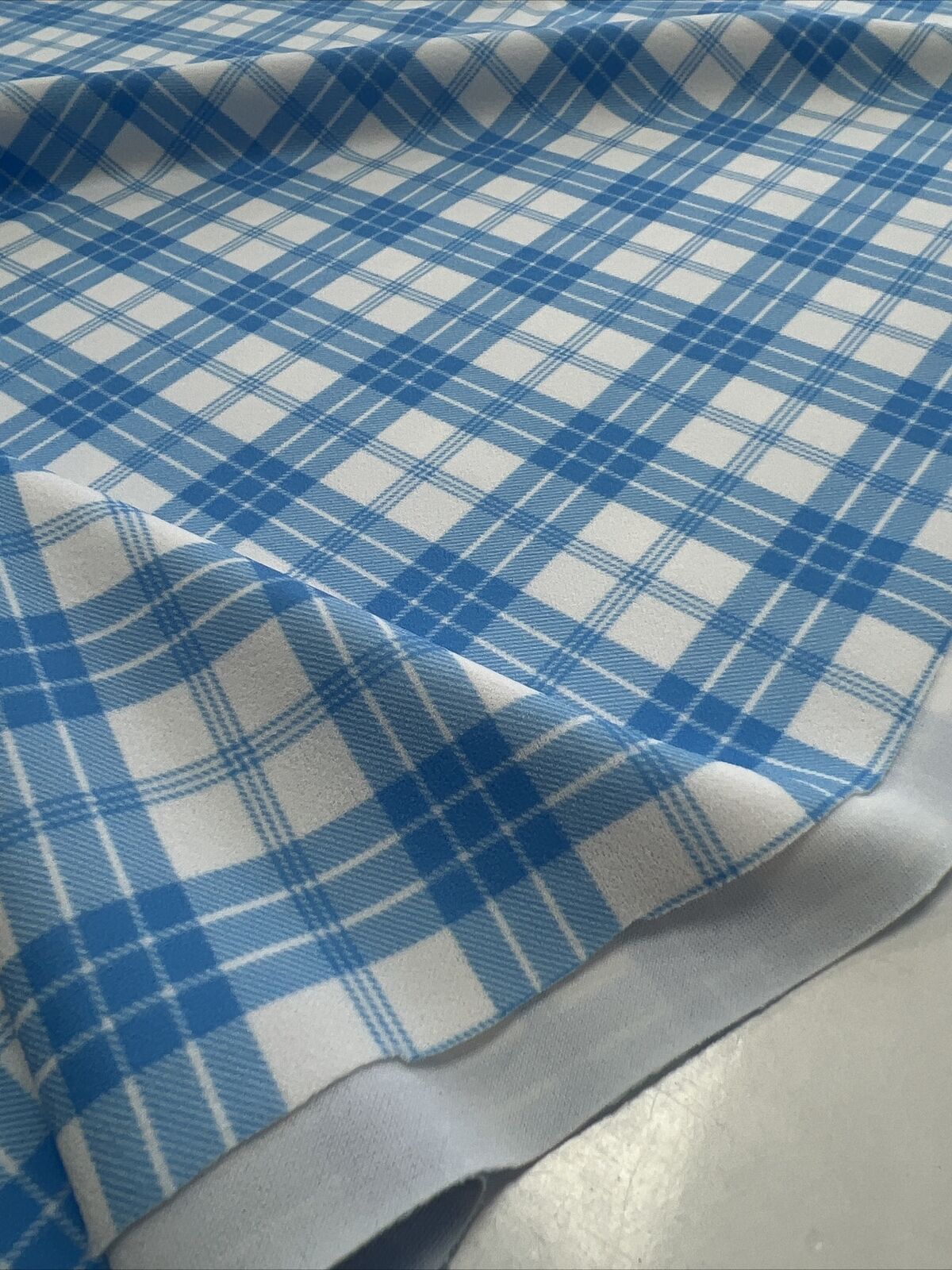 Blue Check Printed Scuba Crepe Jersey Fabric 4 Way Stretch - T9 Fabrics