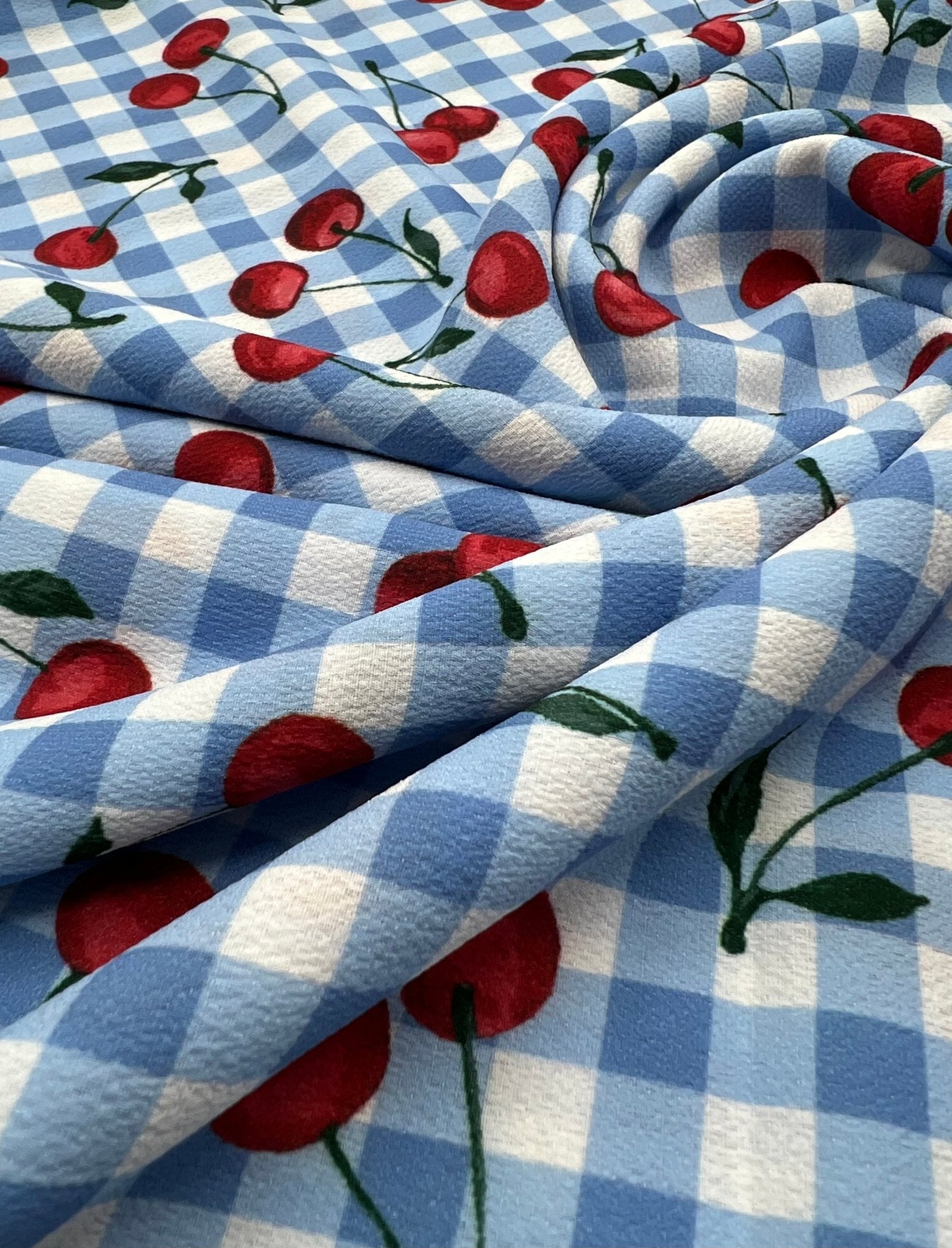 Blue Cherry Gingham Check Print Lightweight Bubble Crepe Fabric - T9 Fabrics