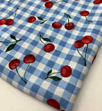 Blue Cherry Gingham Check Print Lightweight Bubble Crepe Fabric - T9 Fabrics
