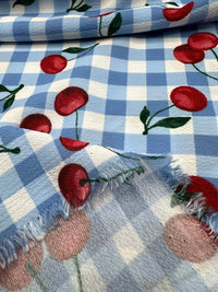 Blue Cherry Gingham Check Print Lightweight Bubble Crepe Fabric - T9 Fabrics