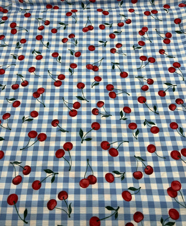 Blue Cherry Gingham Check Print Lightweight Bubble Crepe Fabric - T9 Fabrics