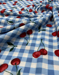 Blue Cherry Gingham Check Print Lightweight Bubble Crepe Fabric - T9 Fabrics