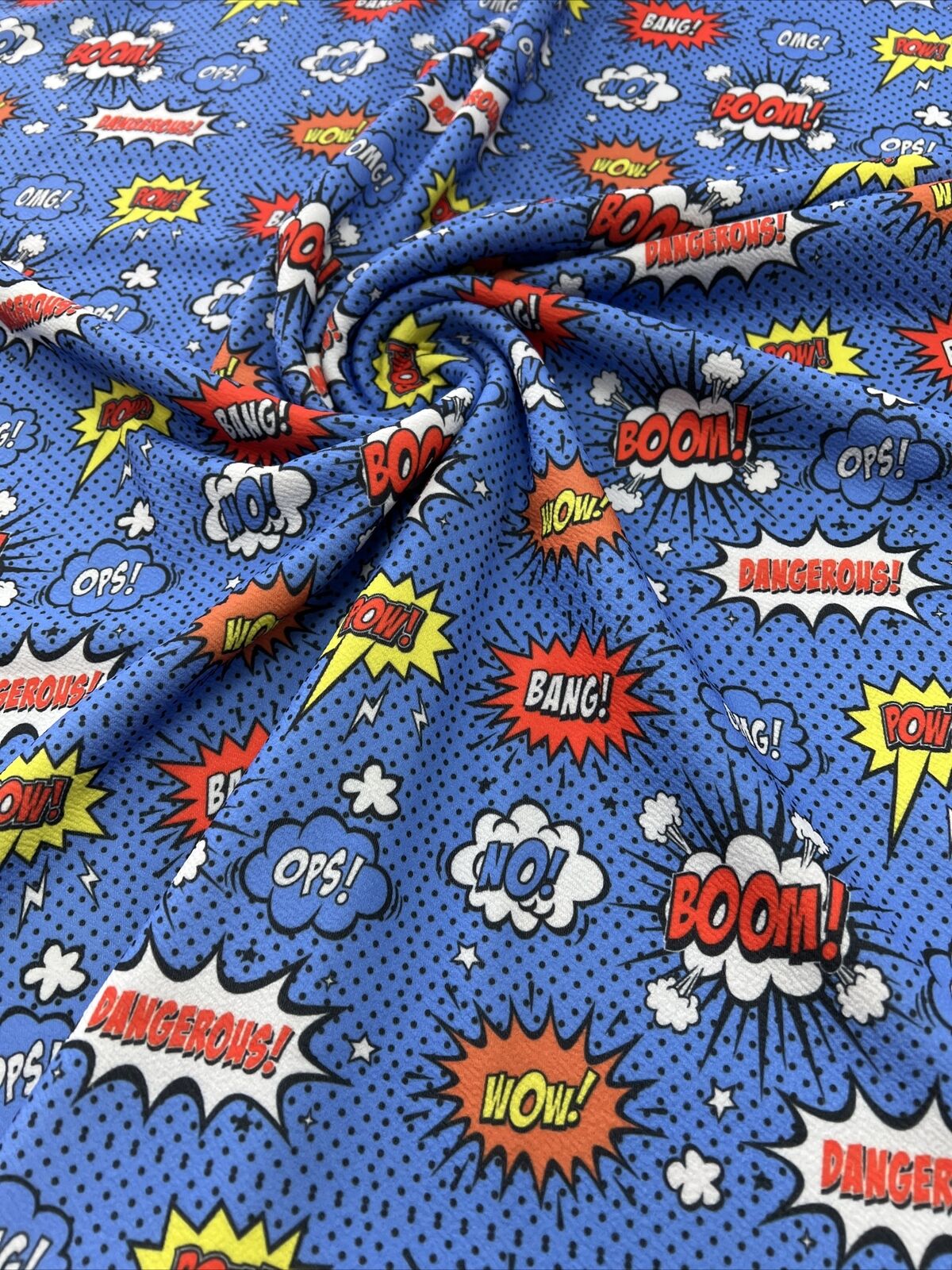 Blue Comic Print Liverpool Stretch Fabric - T9 Fabrics