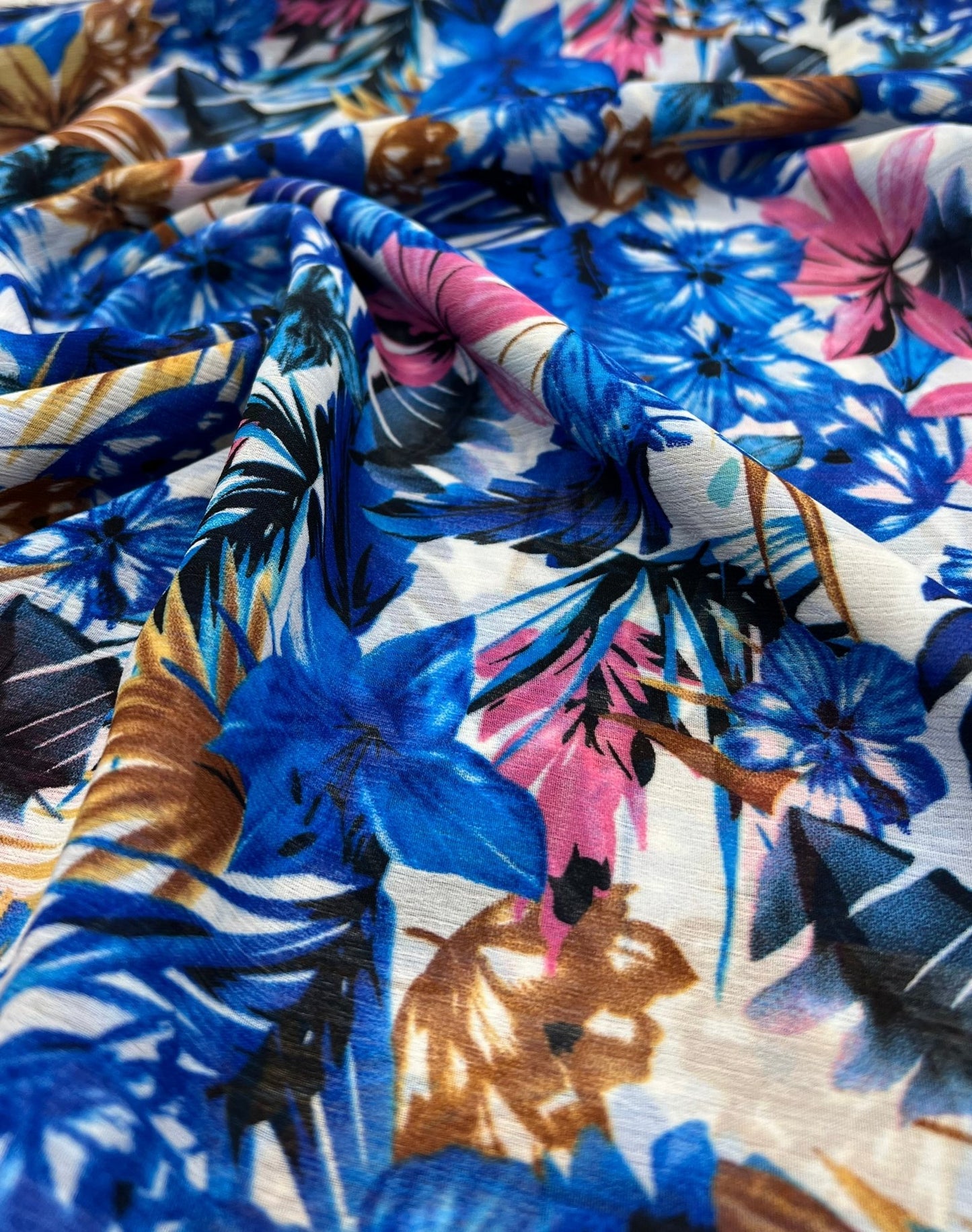Blue Floral Lightweight Crepe Non Stretch Fabric - T9 Fabrics