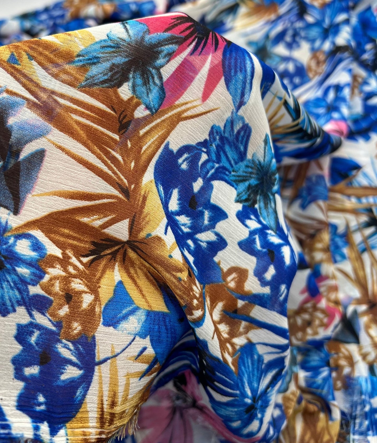 Blue Floral Lightweight Crepe Non Stretch Fabric - T9 Fabrics