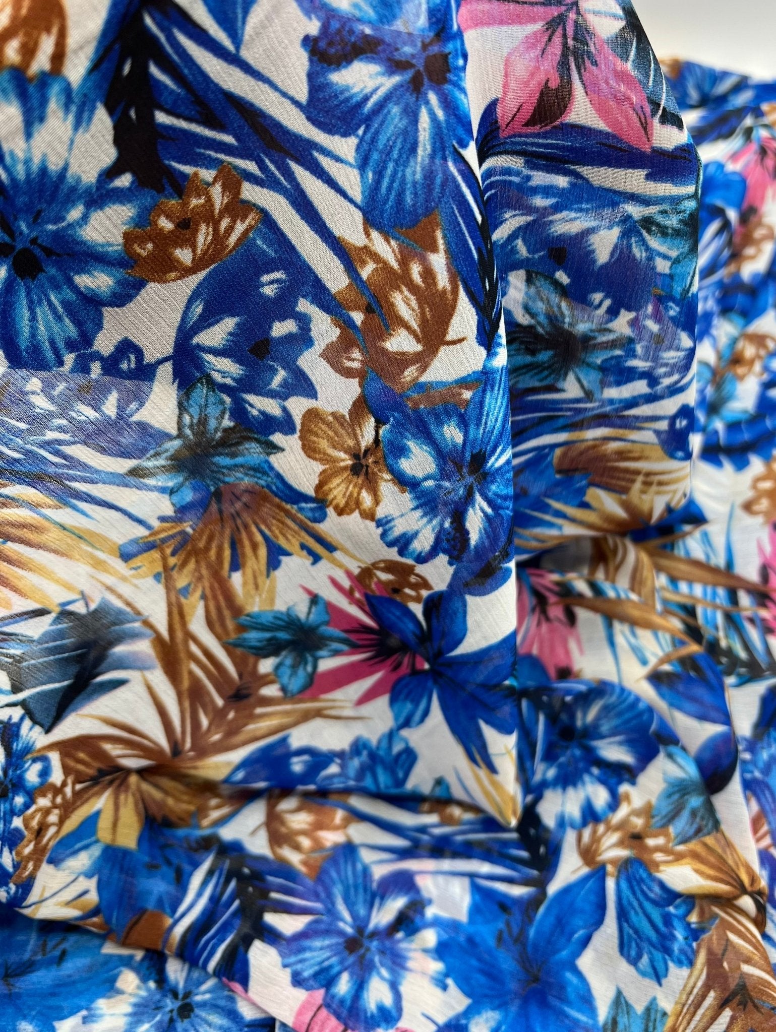 Blue Floral Lightweight Crepe Non Stretch Fabric - T9 Fabrics