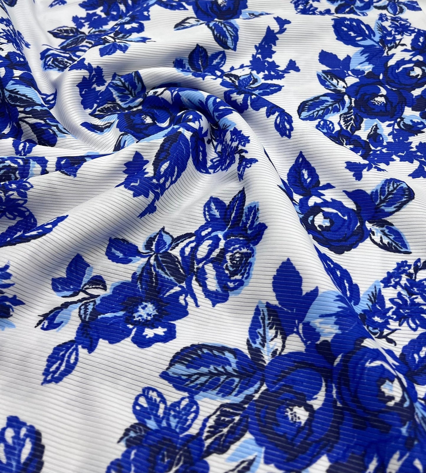 Blue Floral Print 2X1 Fine Rib Stretch Fabric - T9 Fabrics