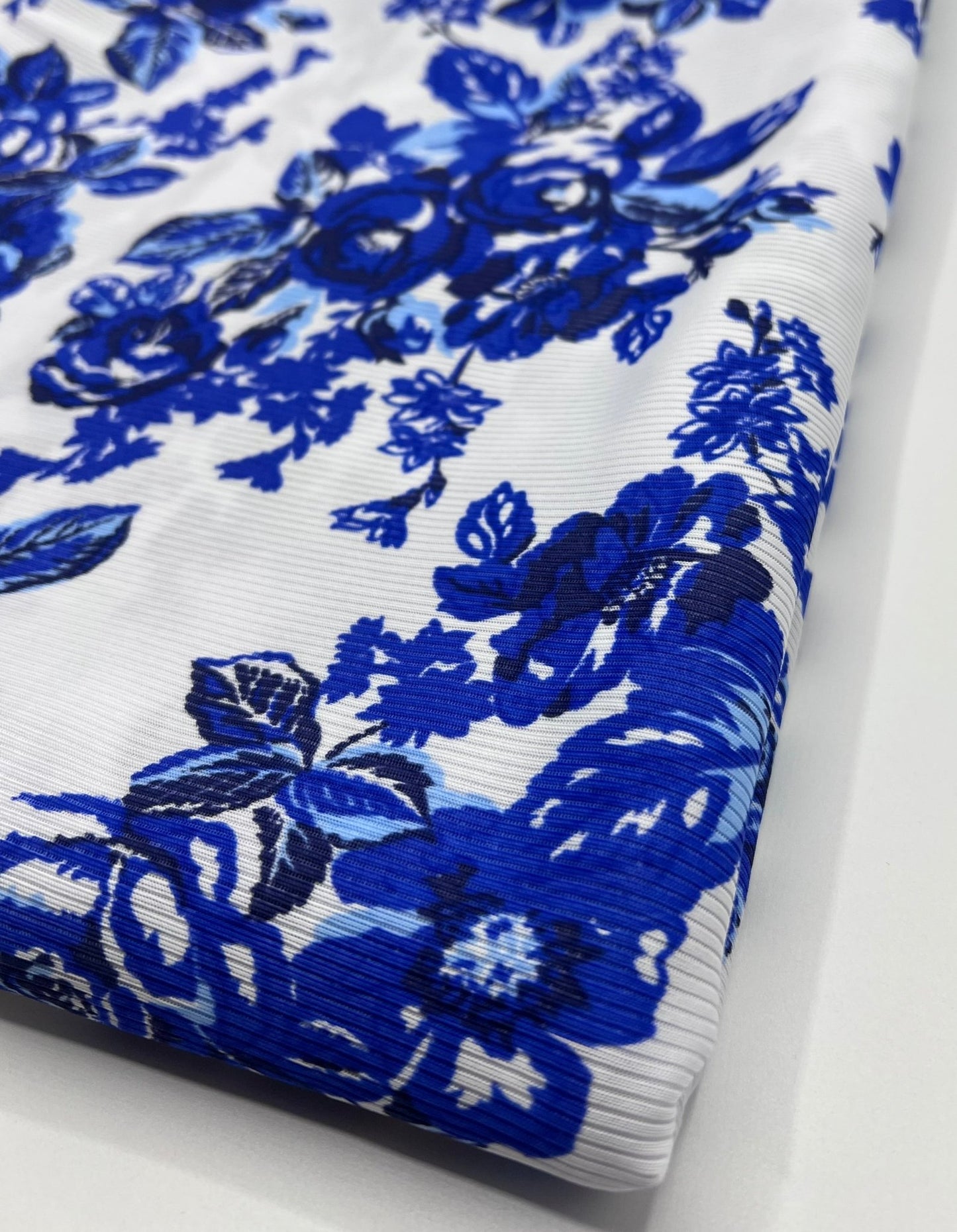 Blue Floral Print 2X1 Fine Rib Stretch Fabric - T9 Fabrics